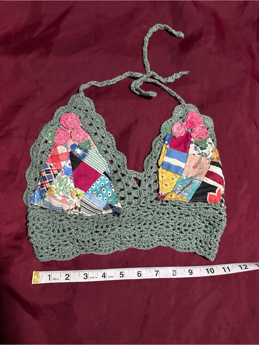 Crocheted Patchwork Halter Crop Top with Floral Appliqué - Sage Green